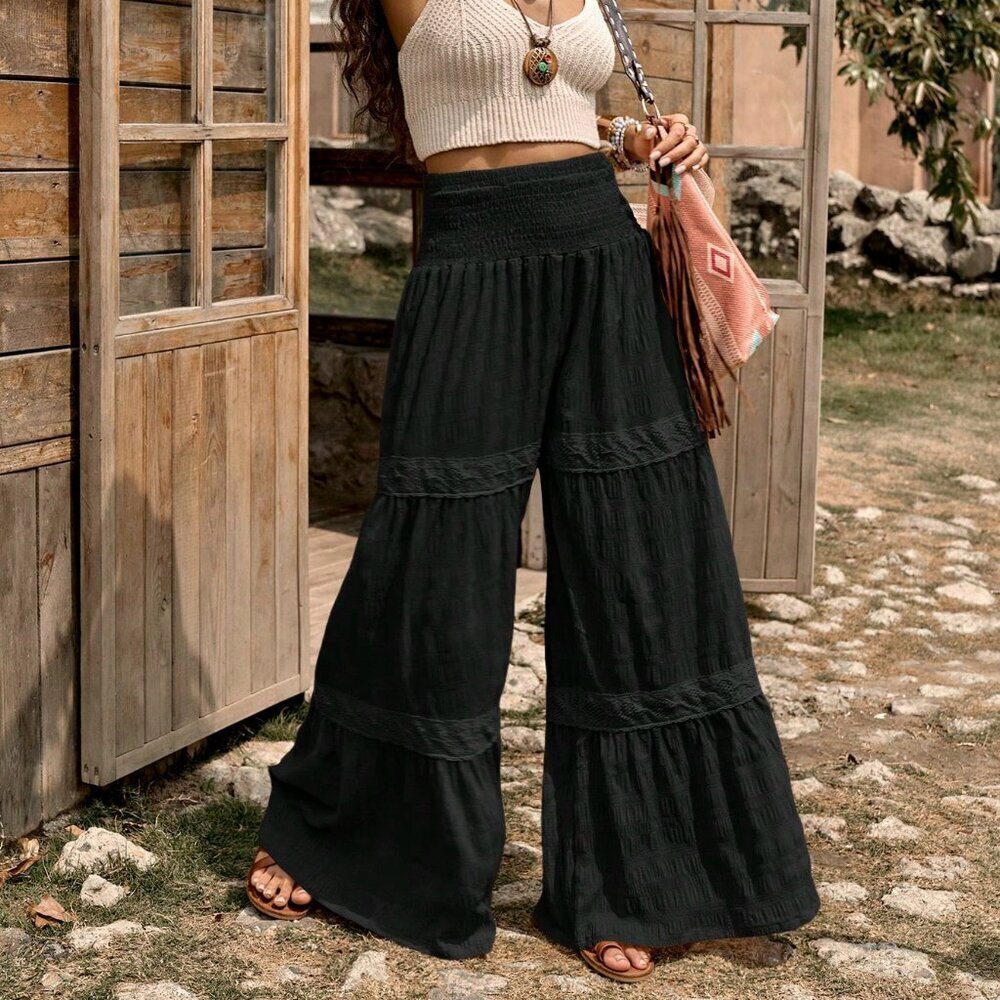 Black Boho Women's Western Textured Floral Patchwork Pants - Picture 2 of 6